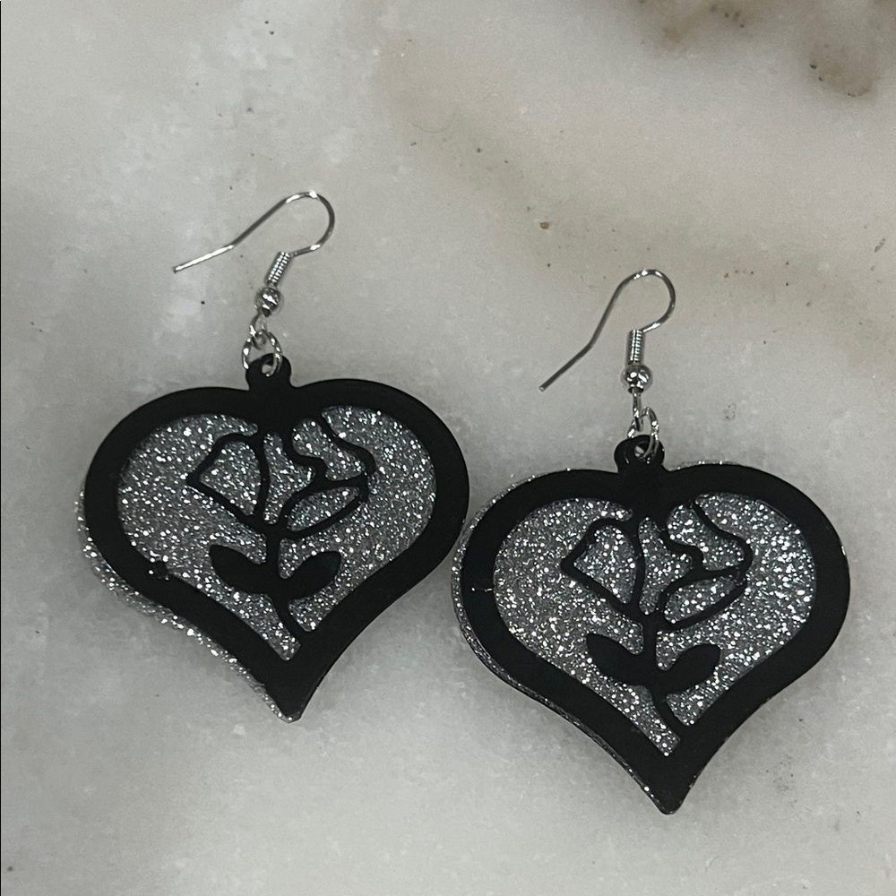 Sparkling Black and Silver Heart Earrings